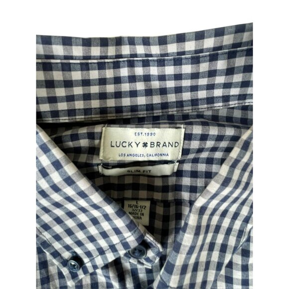 Lucky Brand Button Down Shirt Plaid Blue White Mens Sz L Slim Fit Cotton Classic - Picture 2 of 9